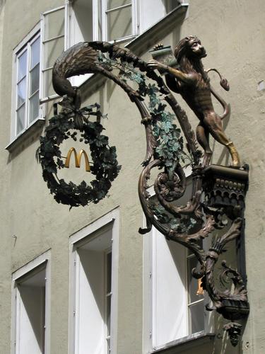 obscure McDonalds sign in a town near the Swiss Alps in Europe