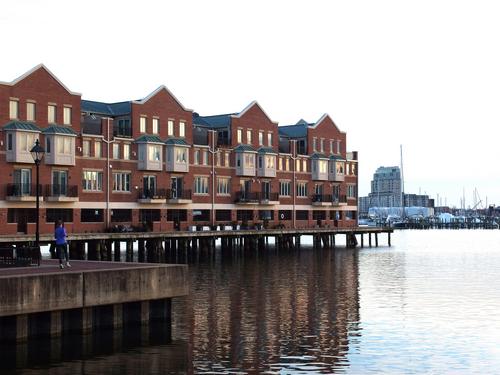 old storage docks repurposed into waterfront housing at the Inner Harobr of Baltimore, Maryland