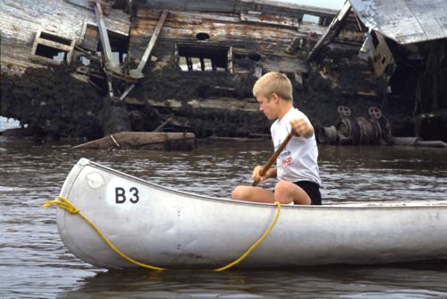 canoeist and shipwreck on a Beal Island canoe trip in Maine in August 1986