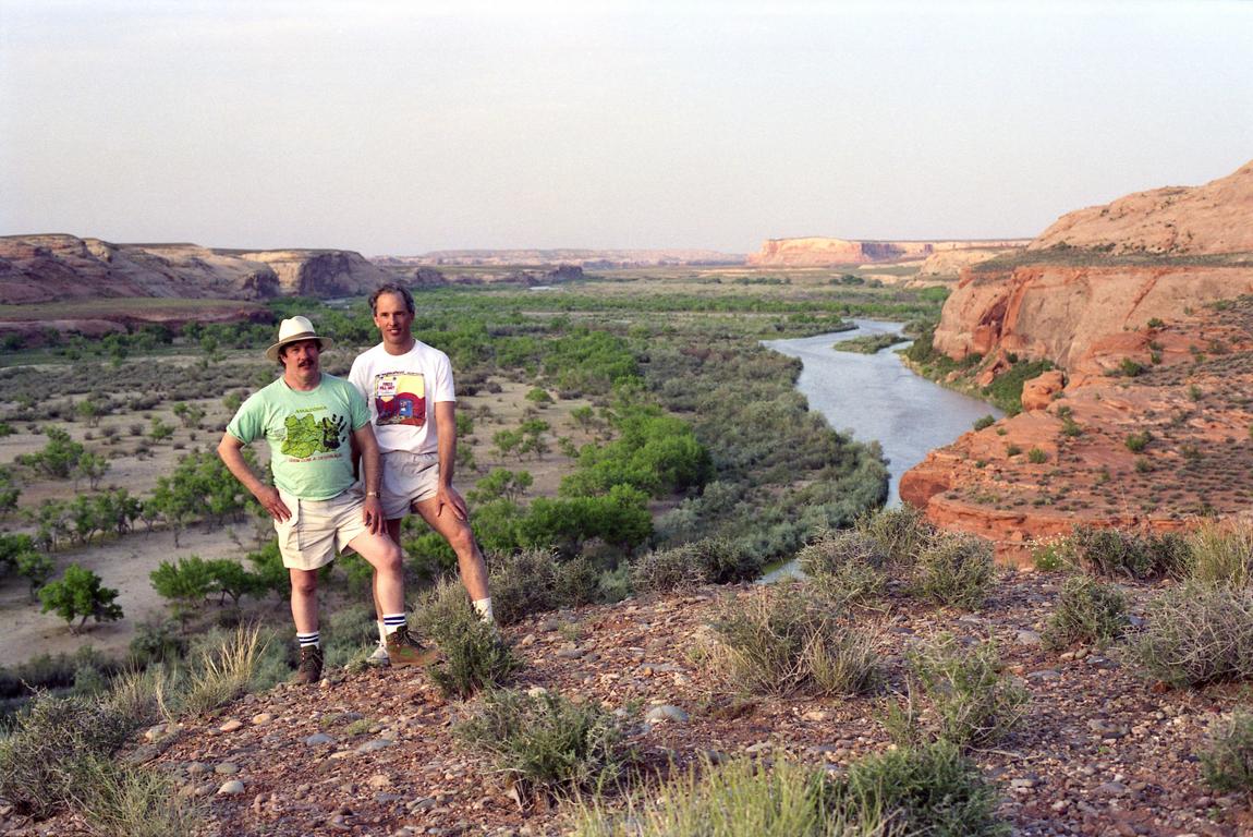 George and Fred on the canyon wall overlooking the San Juan River in Utah in May 1992