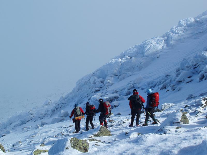 winter hikers descending Mount Adams, White Mountains, NH