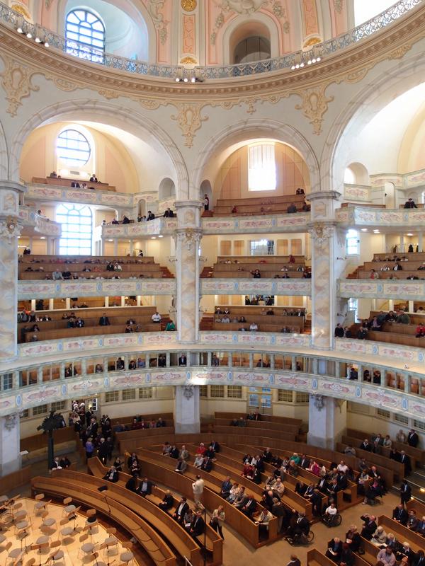 multi-tiered balconies inside Frauenkirche at Dresden in Germany