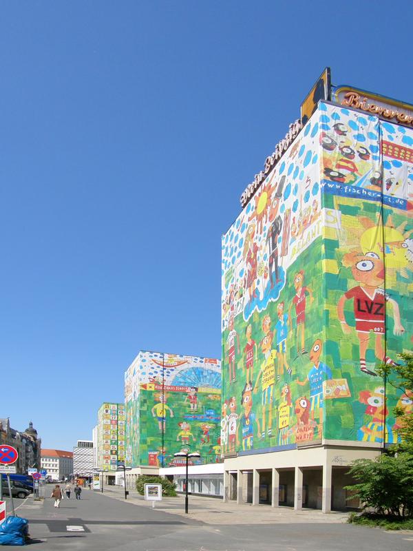 buildings in temporary modern-art wrap at Leipzig in Germany