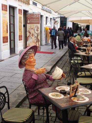 make-believe customer outside a coffee shop at Dresden in Germany