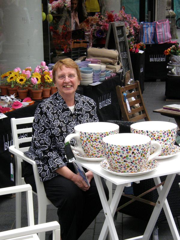 Betty Lou goes for super-size coffee outside a shop in west Germany