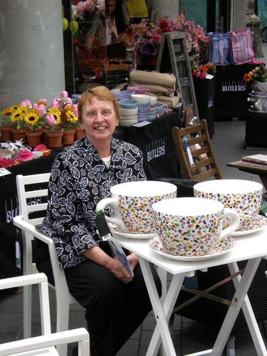 Betty Lou goes for super-size coffee outside a shop in west Germany