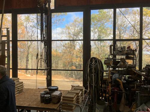 view east in October out the workshop window-wall at Andres Institute of Art in New Hampshire