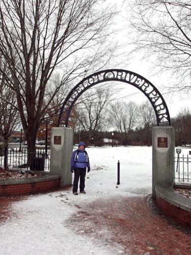 Andee at the entrance gate to Ashuelot River Park, Keene, NH