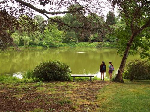 Mariel and Talia beside Halcyon Lake at Mount Auburn Cemetery in Massachusetts