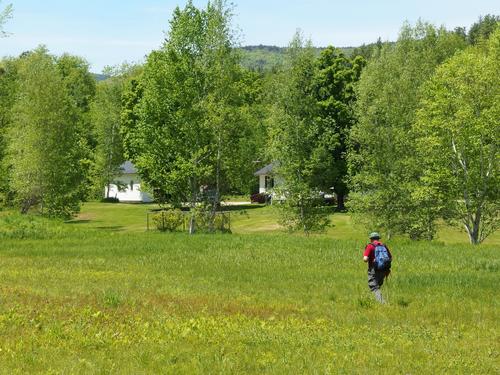 John crosses a field on the way back from bushwhacking Bad Mountain in western Maine