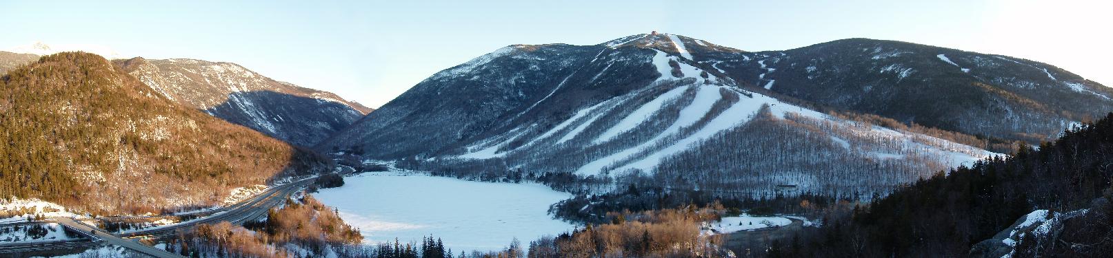 panoramic view down Franconia Notch from Artist's Bluff in New Hampshire