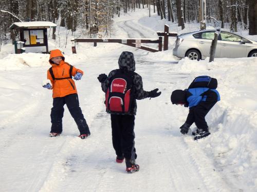 snowball fun at hike start to Bald Rock on Mount Monadnock in New Hampshire