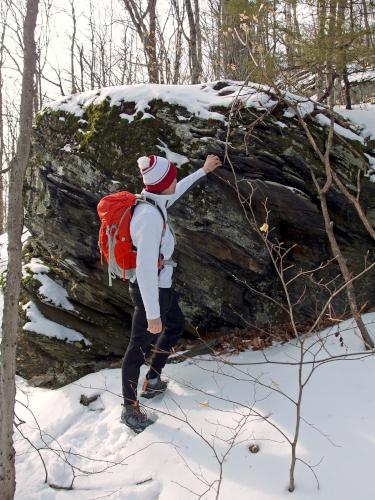 Carl at cliff rock in January at Bear Hill in southwestern New Hampshire