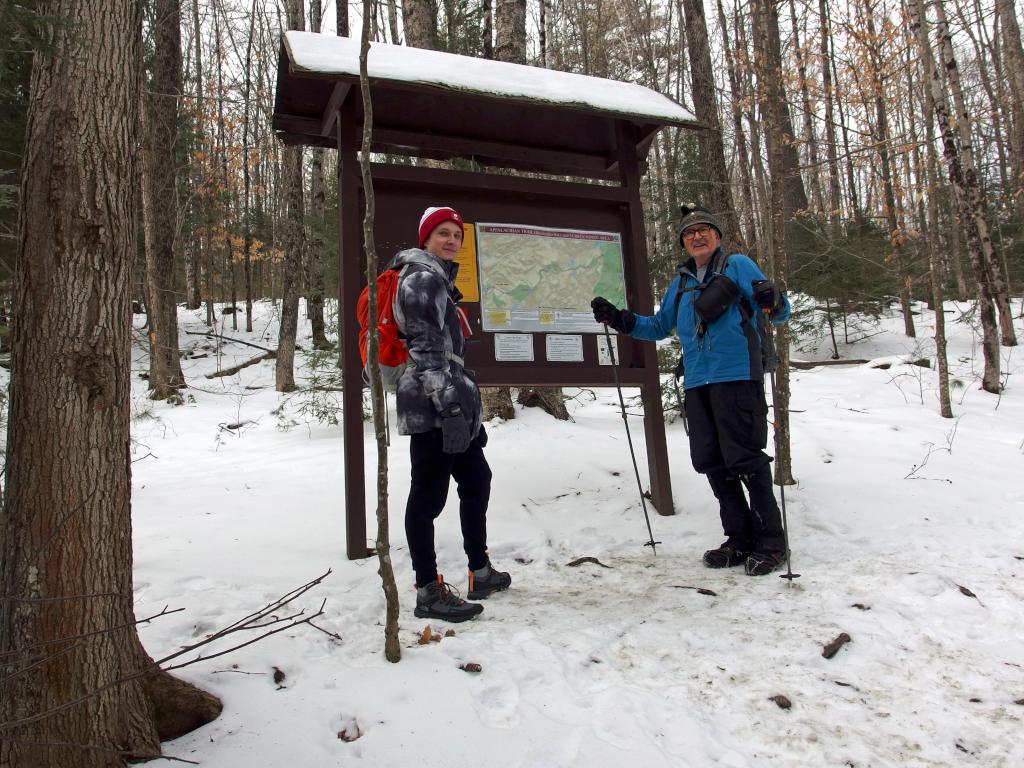 Carl and Dick in January at the AT kiosk on the way to Bear Hill in southwest New Hampshire