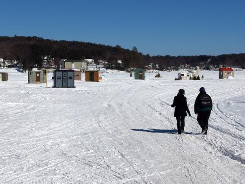 ice-fishing huts in February near Meredith on Lake Winnipesaukee in New Hampshire