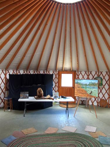 visitors by the yurt at Beaver Brook in New Hampshire