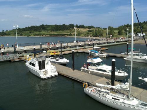 visitors exit the cruise boat at the Spectacle Island dock at Boston Harbor in Massachusetts