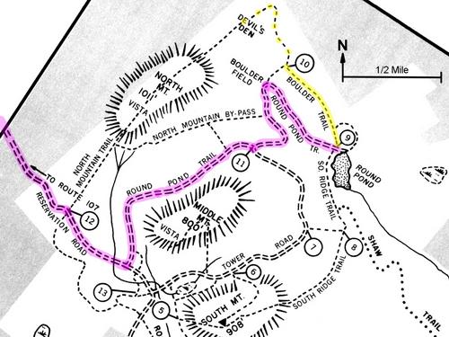 Boulder Field trailmap detail for Pawtuckaway State Park in New Hampshire