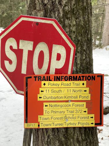 signs in December at Bow Woods near Bow in southern New Hampshire