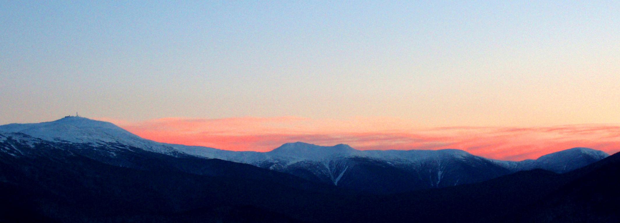 sunset view of the Presidentials in December from Boy Mountain in New Hampshire