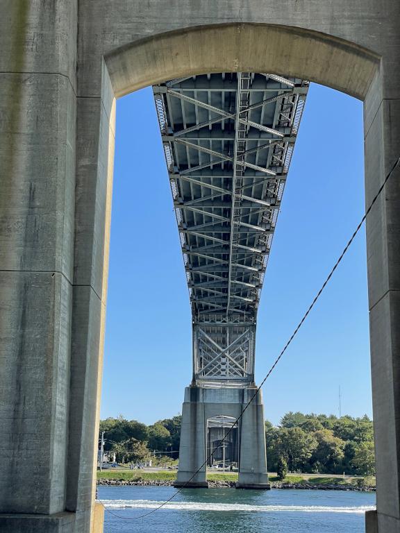 Bourne Bridge in October over the Cape Cod Canal Bikeway in eastern Massachusetts