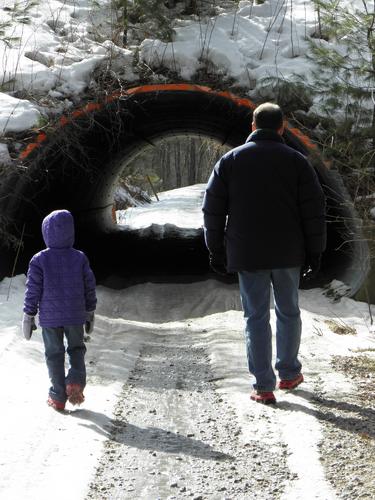 winter hikers on the rail trail at Clark Pond in New Hampshire