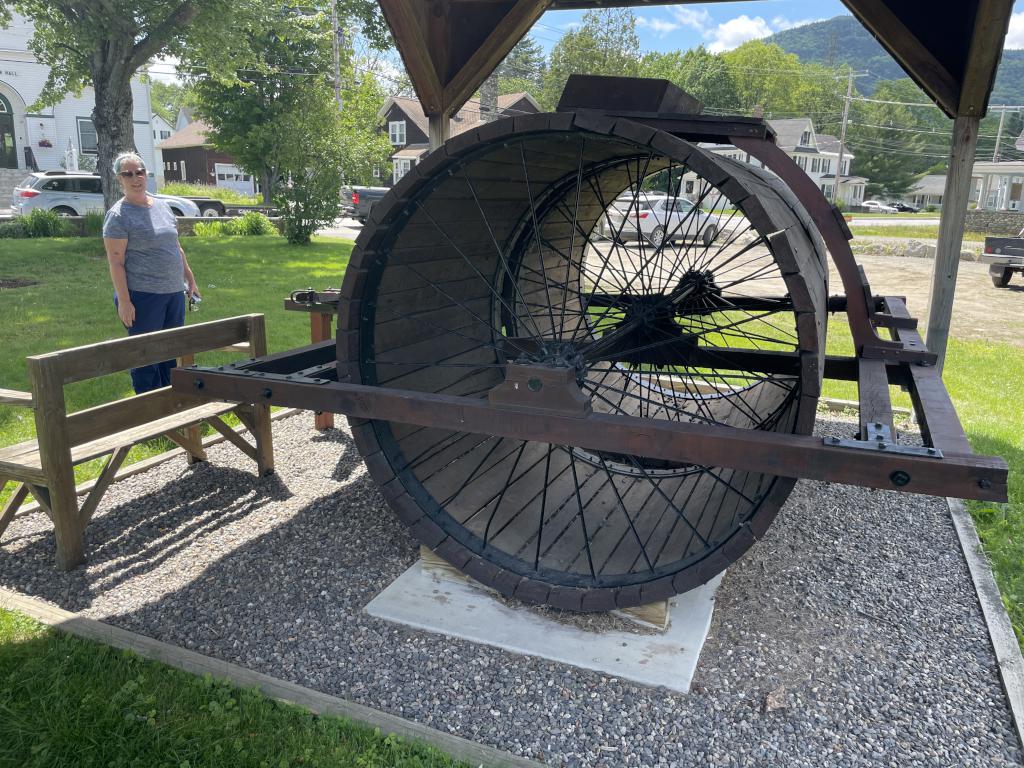 historic snow roller in June on display near Colebrook River Walk in northern New Hampshire