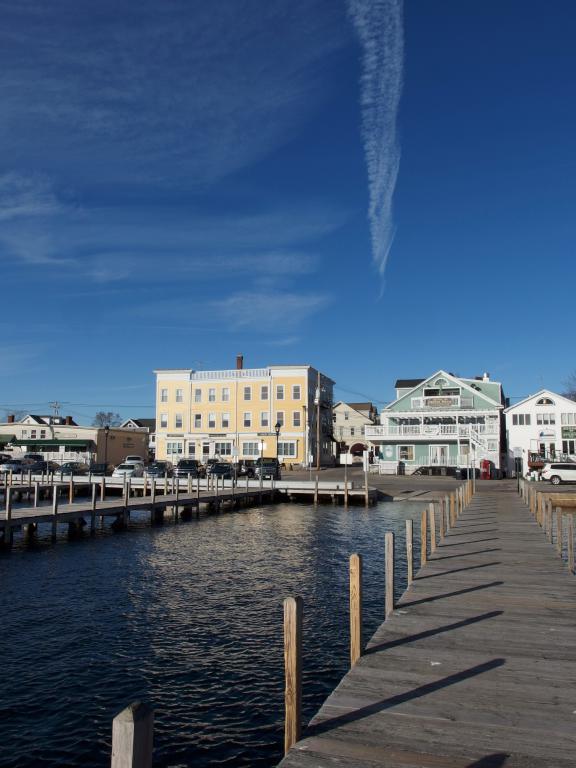 view of Wolfboro, NH, from pier-end in November near the start of Cotton Valley Rail Trail