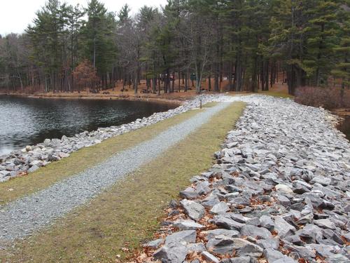 causeway over Crow Hills Pond on a hike to Crow Hills near Leominster, MA