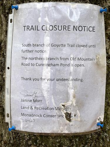 closure sign in December at Cunningham Pond Trail in southern NH