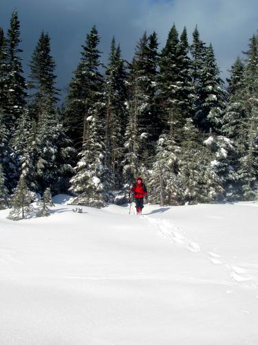 a winter hiker heads out onto Nancy Pond in New Hampshire