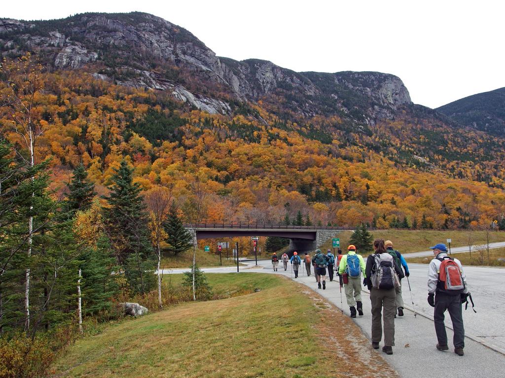 bushwhackers head under Route 93 on the way to Eagle Cliff at Franconia Notch in the White Mountains of New Hampshire