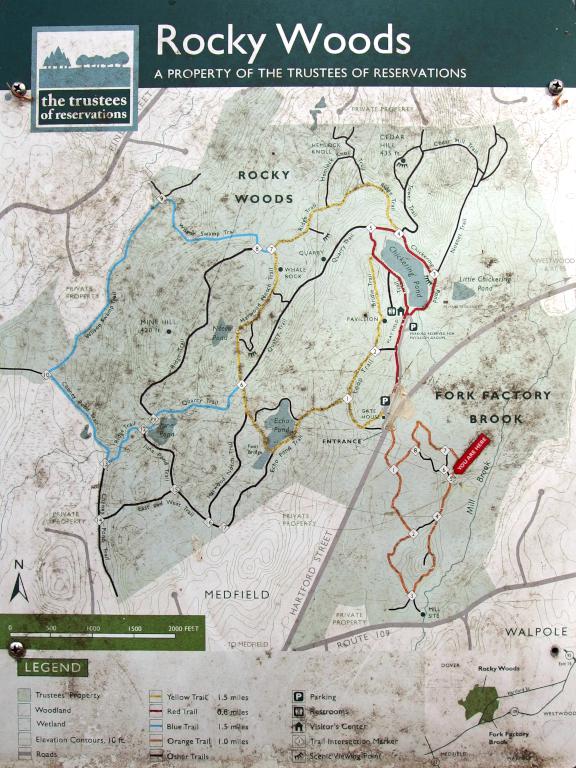 trail junction identification sign at Fork Factory Brook in eastern Massachusetts