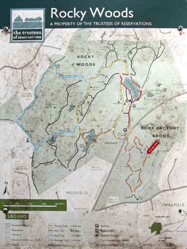 trail junction identification sign at Fork Factory Brook in eastern Massachusetts