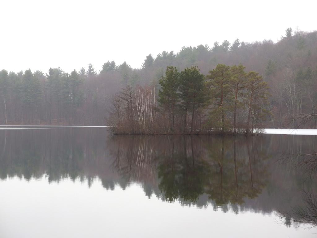 view on a drizzly day in January of Gates Pond in eastern Massachusetts