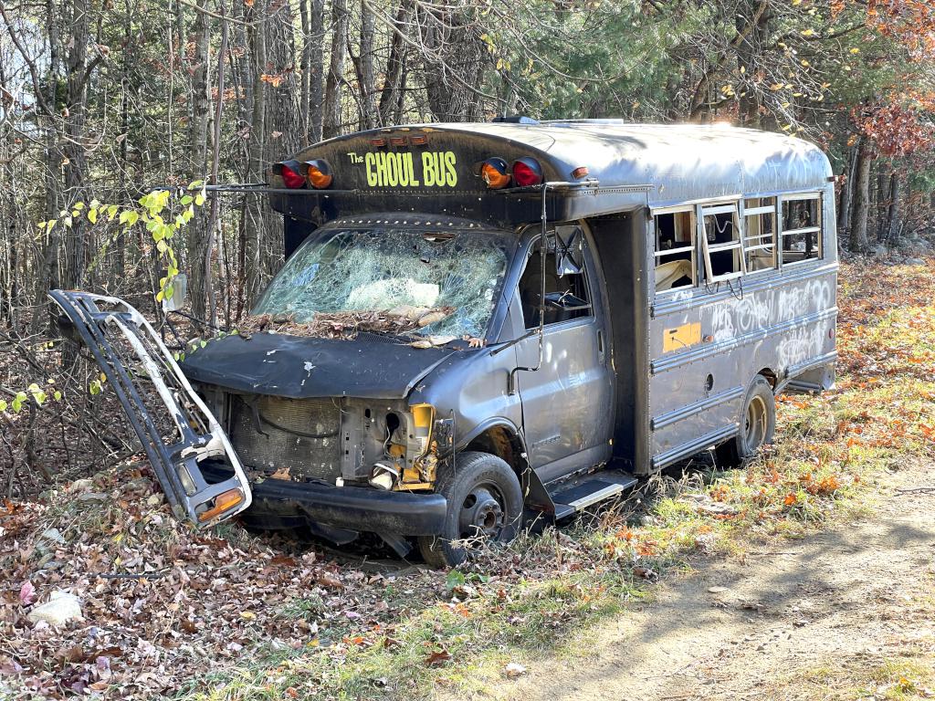 Halloween bus in November on Lavoies Farm near Gelazauskas Preserve in southern NH