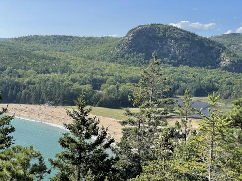 Sand Beach and The Beehive in August as seen from Great Head at Acadia National Park in Maine