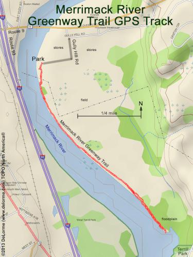 GPS track at Merrimack River Greenway Trail near Concord in southern New Hampshire