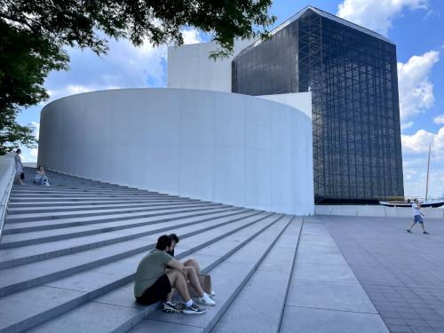 Kennedy Museum in June as seen from Boston Harborwalk in Massachusetts