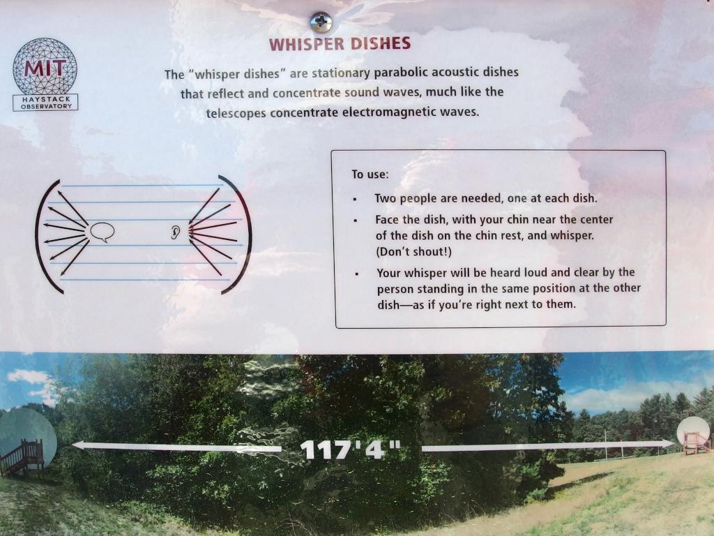 poster explaining the Whisper Dish pair at the MIT Haystack Observatory near Westford in northeastern Massachusetts