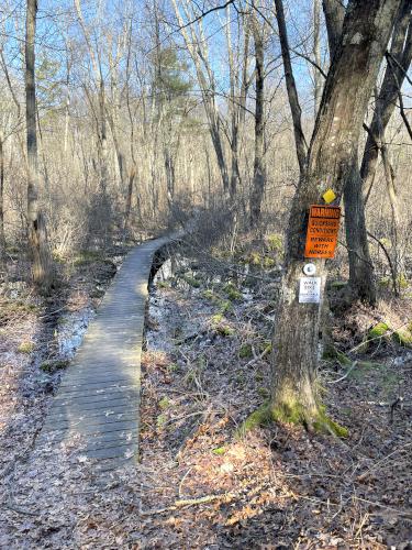 boardwalk sign in December at McDowell/Van Leer Land near Hazel Brook in eastern MA