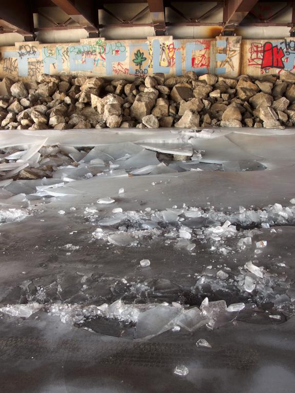 ice under Route 3 in January at Healy Park near Concord in southern New Hampshire