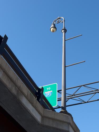 overhead light pole (on Route 3) in January at Healy Park near Concord in southern New Hampshire