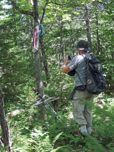 Dick as the summit cannister on Hix Mountain in New Hampshire