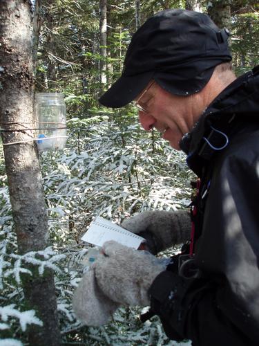 bushwhacker checking the canister on Mount Huntington in New Hampshire