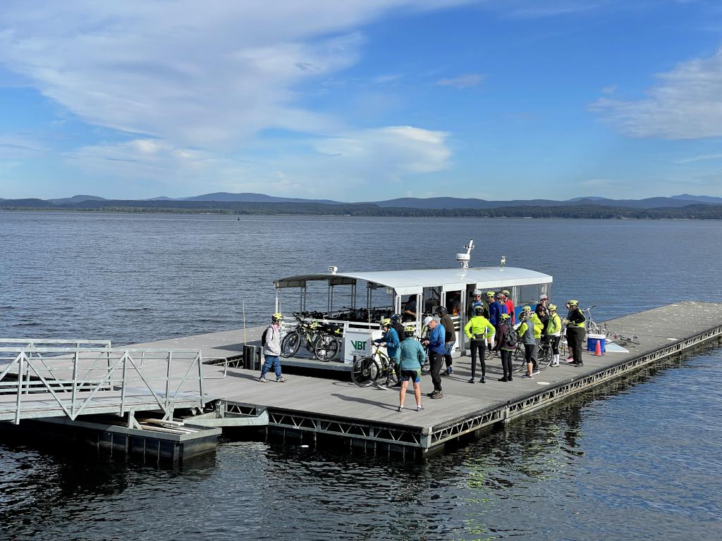 biker ferry in October at the cut in the Island Line Trail in northwest Vermont