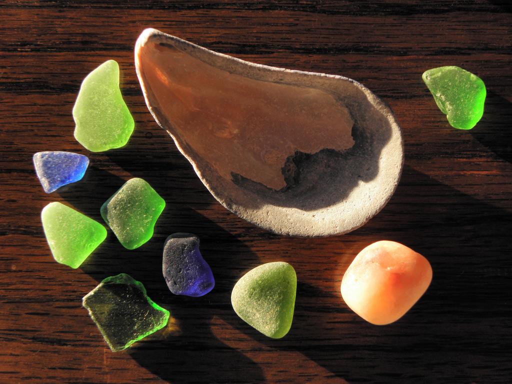 kids' collection of beach sea glass on Islesboro Island in Maine