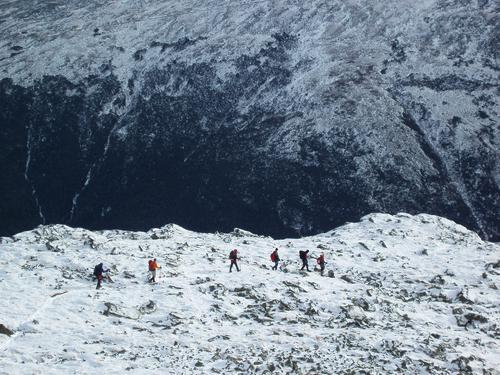 winter hikers in Sphinx Col with the Great Gulf and Mount Washington as a backdrop in the White Mountains of New Hampshire