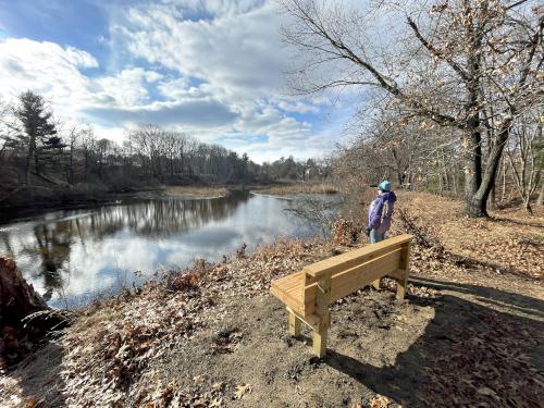 bench and pond in January at Joyce Park in Nashua NH