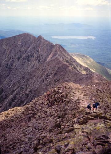 hikers on Mount Katahdin's Knife Edge trail in Maine